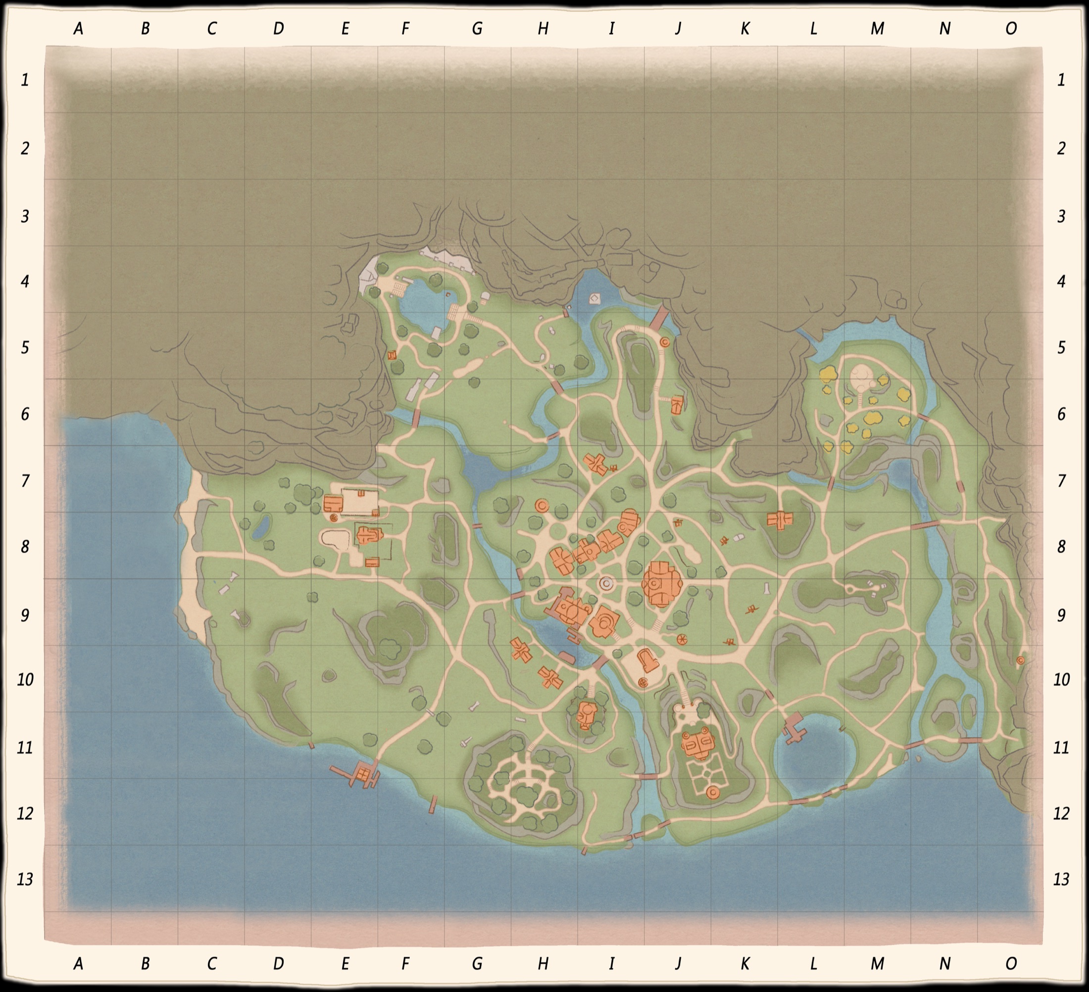 Mapa do Vale de Kilima, com grade de A a O e de 1 a 13